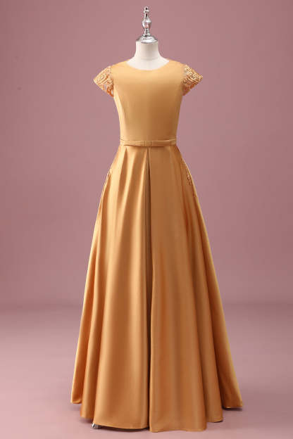Leely Women Golden Junior Bridesmaid Dress Round Neck Chiffon A Line Short Sleeves Long Wedding Guest Dress