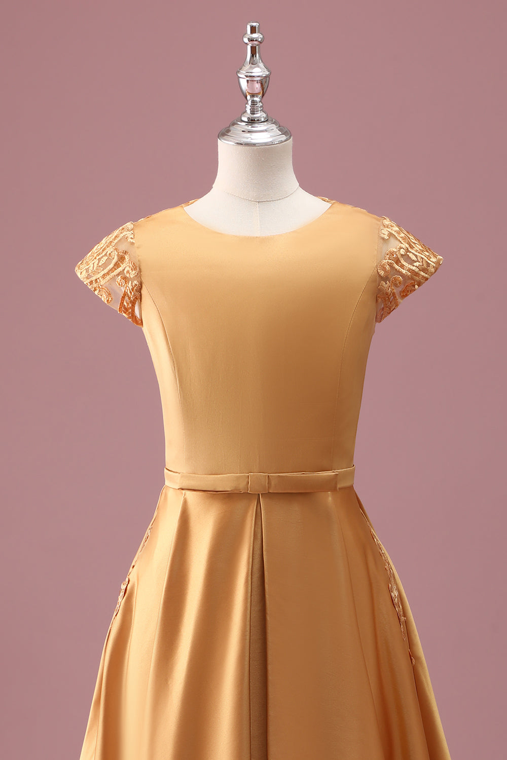 Golden Round Neck Chiffon A Line Junior Bridesmaid Dress