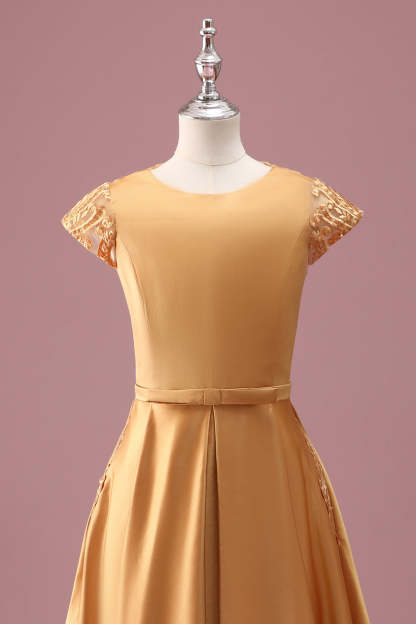 Golden Round Neck Chiffon A Line Junior Bridesmaid Dress
