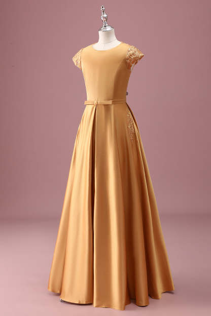Golden Round Neck Chiffon A Line Junior Bridesmaid Dress