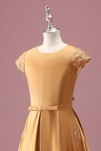 Golden Round Neck Chiffon A Line Junior Bridesmaid Dress