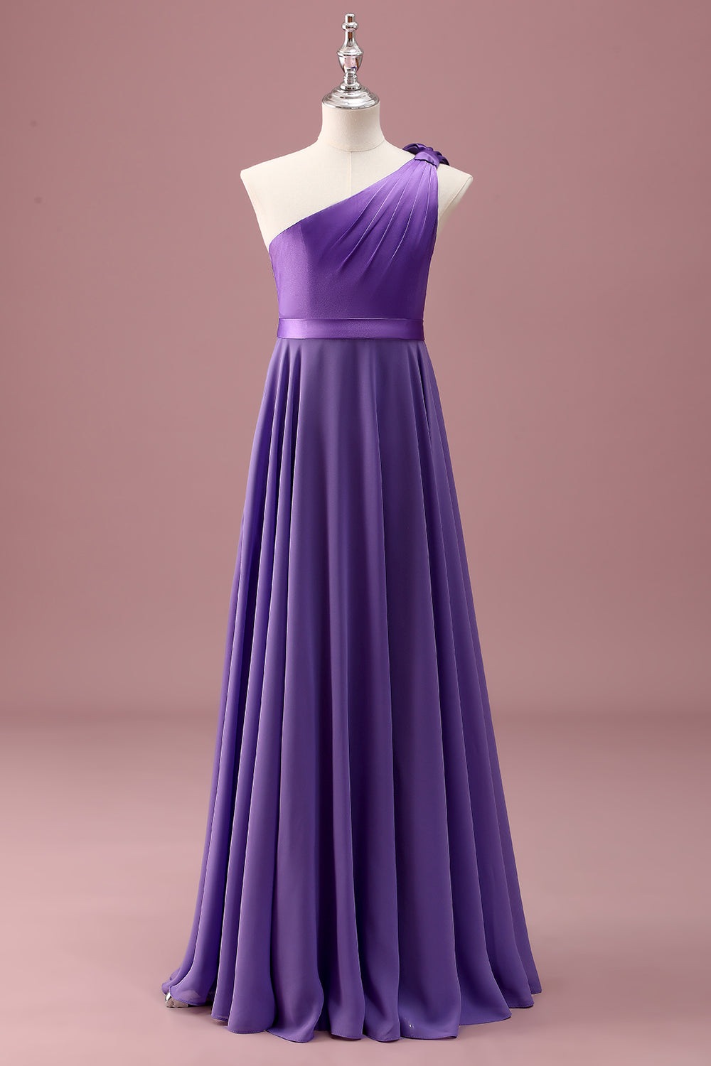 Leely Women Purple Junior Bridesmaid Dress One Shoulder A Line Pleated Chiffon Long Wedding Guest Dress