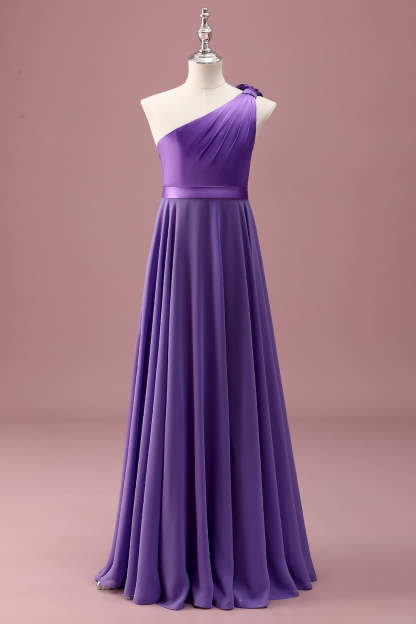 Leely Women Purple Junior Bridesmaid Dress One Shoulder A Line Pleated Chiffon Long Wedding Guest Dress