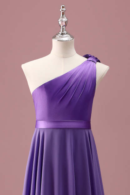 Purple One Shoulder A Line Pleated Chiffon Maxi Junior Bridesmaid Dress