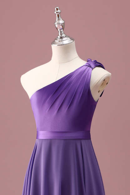 Purple One Shoulder A Line Pleated Chiffon Maxi Junior Bridesmaid Dress
