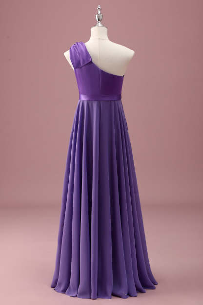 Purple One Shoulder A Line Pleated Chiffon Maxi Junior Bridesmaid Dress