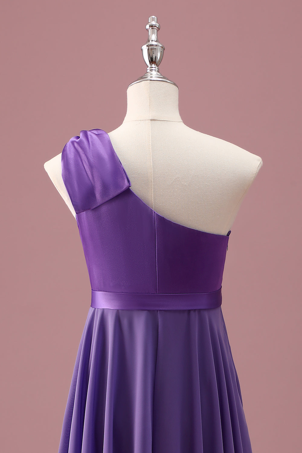 Purple One Shoulder A Line Pleated Chiffon Maxi Junior Bridesmaid Dress