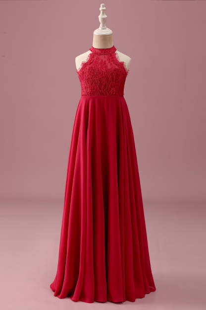 Leely Women Lace Junior Bridesmaid Dress Halter Red A Line Chiffon Pleated Long Wedding Guest Dress
