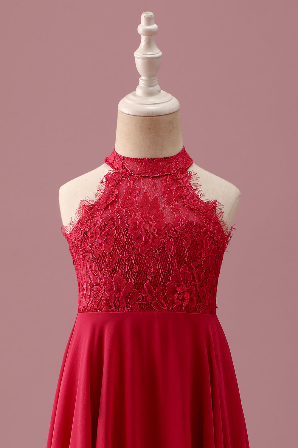 Halter Red A Line Chiffon Lace Junior Bridesmaid Dress