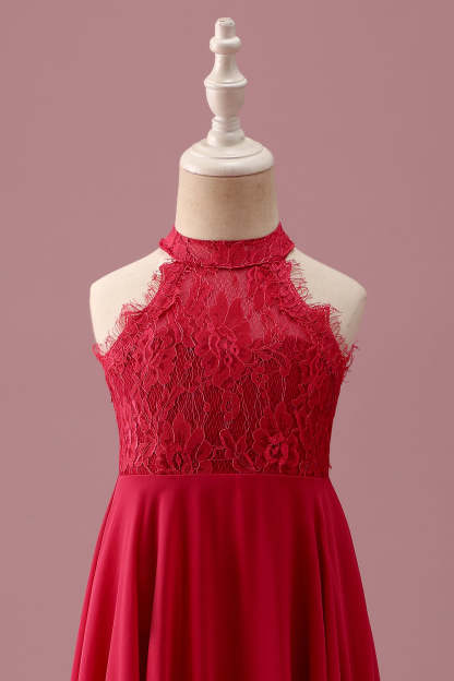 Halter Red A Line Chiffon Lace Junior Bridesmaid Dress