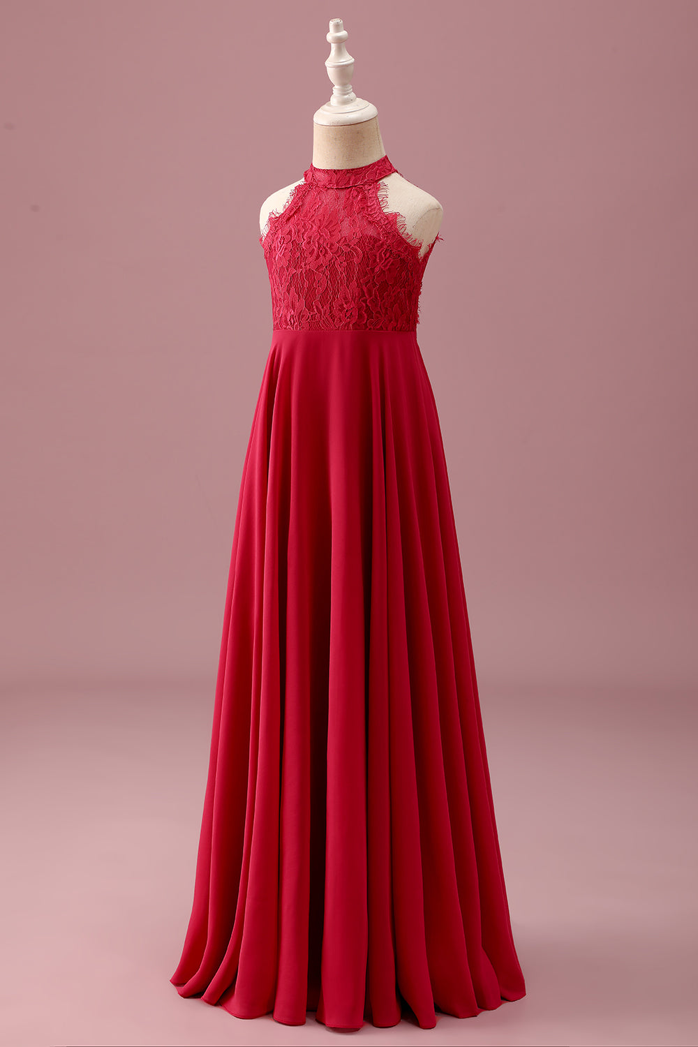 Halter Red A Line Chiffon Lace Junior Bridesmaid Dress