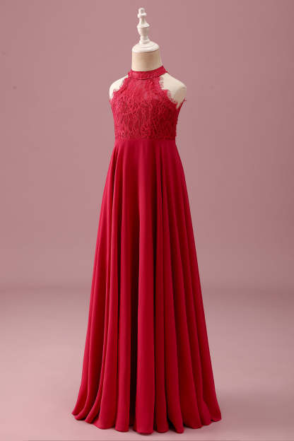 Halter Red A Line Chiffon Lace Junior Bridesmaid Dress