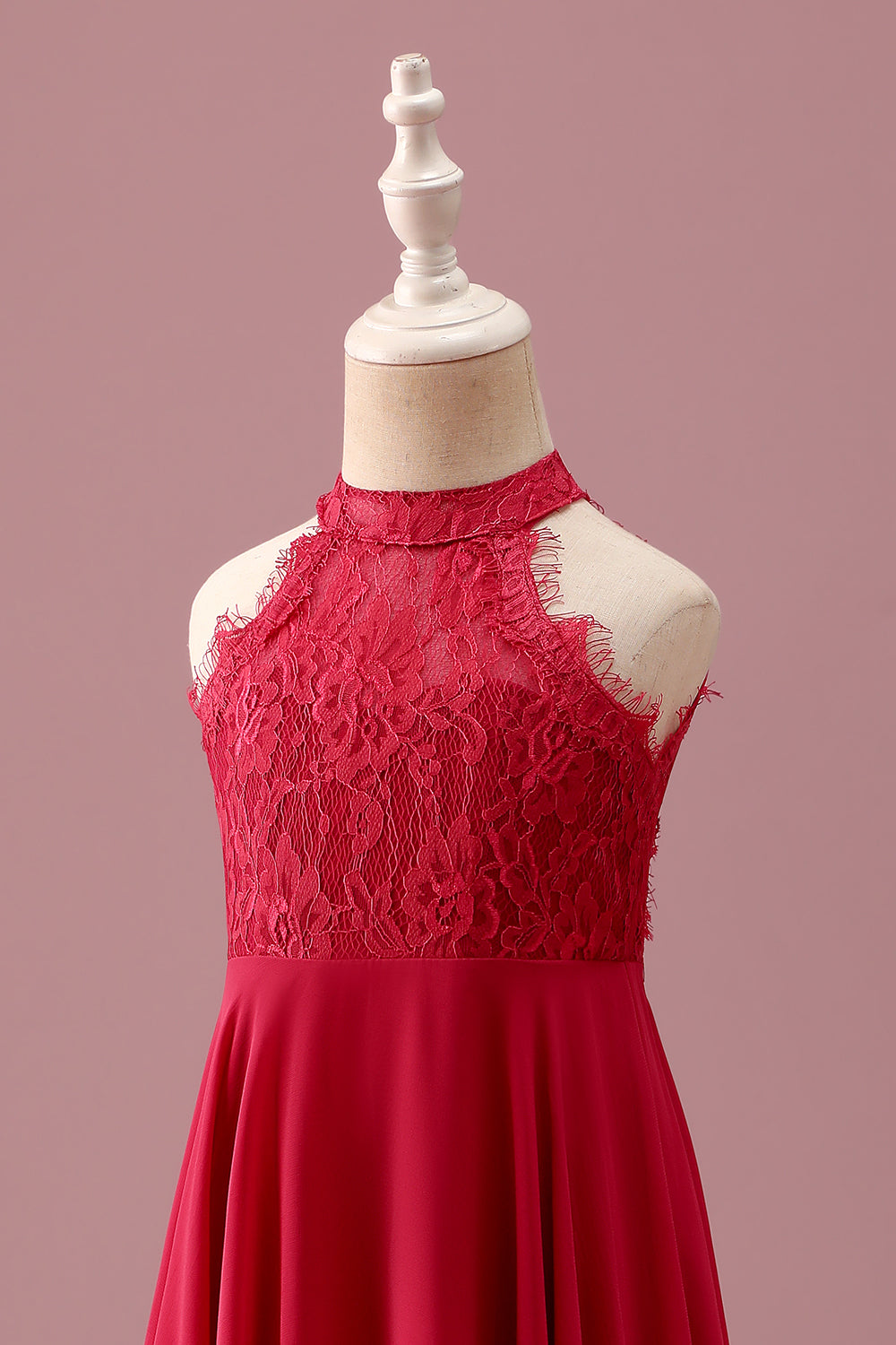 Halter Red A Line Chiffon Lace Junior Bridesmaid Dress