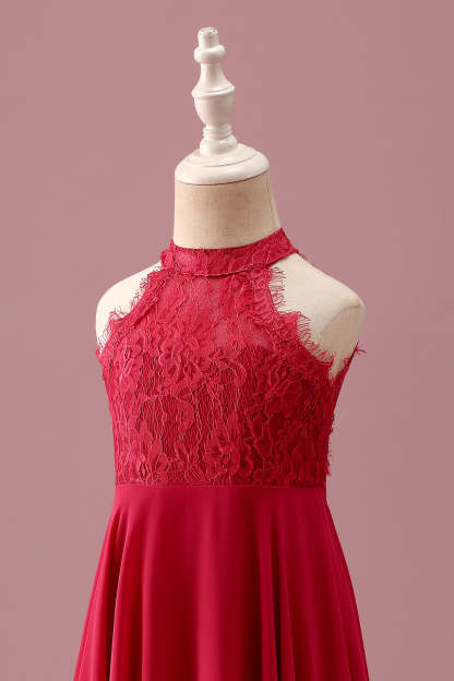 Halter Red A Line Chiffon Lace Junior Bridesmaid Dress