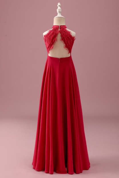 Halter Red A Line Chiffon Lace Junior Bridesmaid Dress