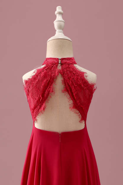 Halter Red A Line Chiffon Lace Junior Bridesmaid Dress