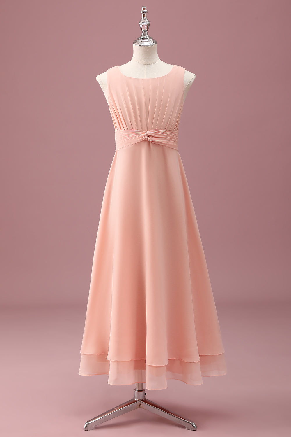 Peach Scoop Neck Pleated Chiffon A Line Junior Bridesmaid Dress