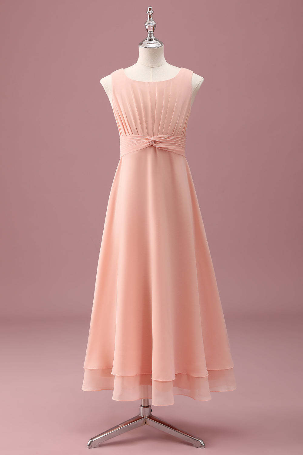 Leely Women Peach Junior Bridesmaid Dress Scoop Neck Pleated Chiffon A Line Long Wedding Guest Dress