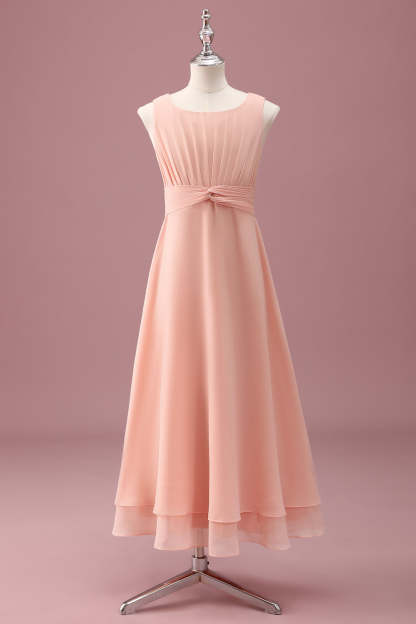 Leely Women Peach Junior Bridesmaid Dress Scoop Neck Pleated Chiffon A Line Long Wedding Guest Dress