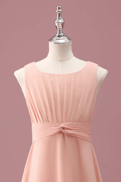 Peach Scoop Neck Pleated Chiffon A Line Junior Bridesmaid Dress