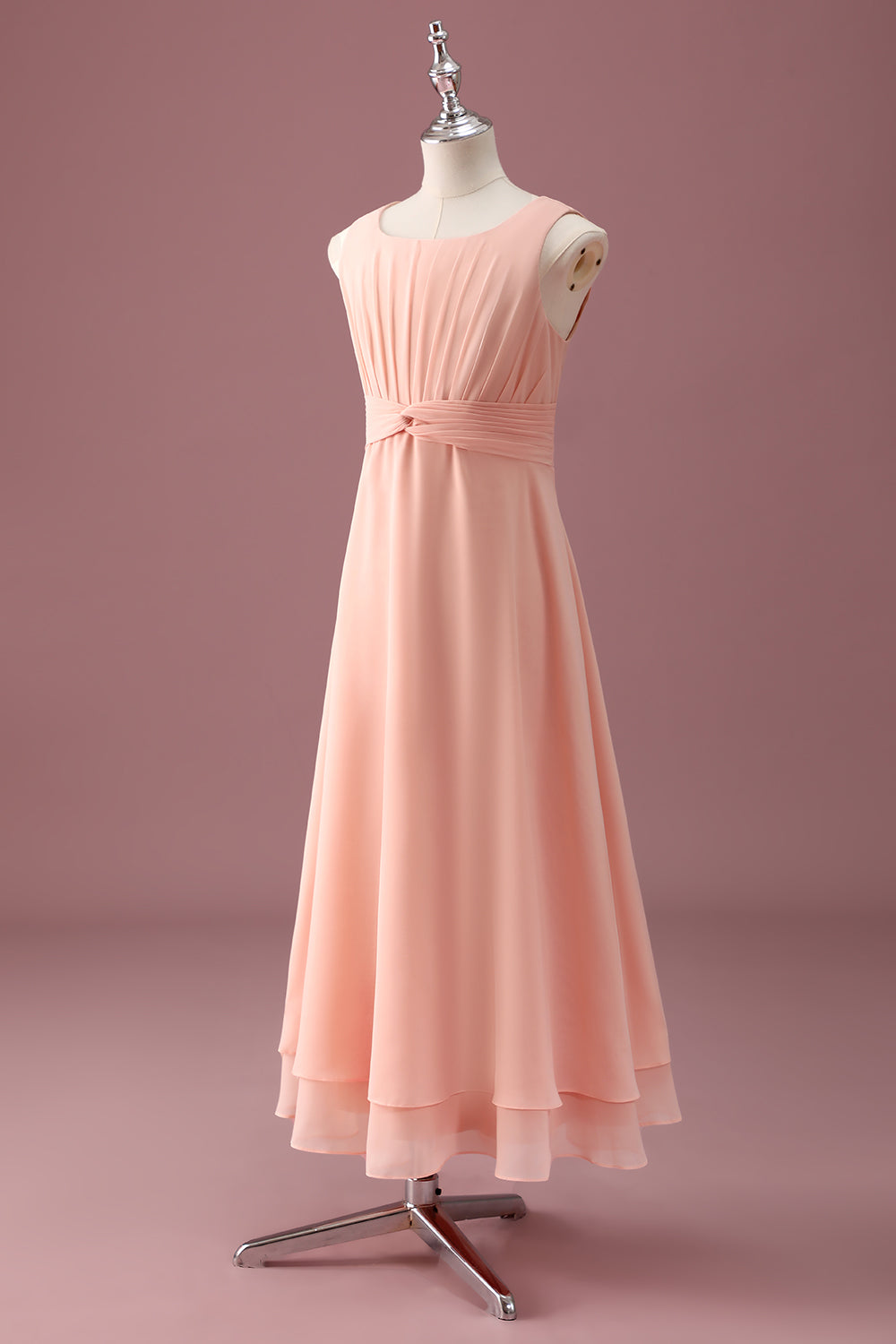 Peach Scoop Neck Pleated Chiffon A Line Junior Bridesmaid Dress