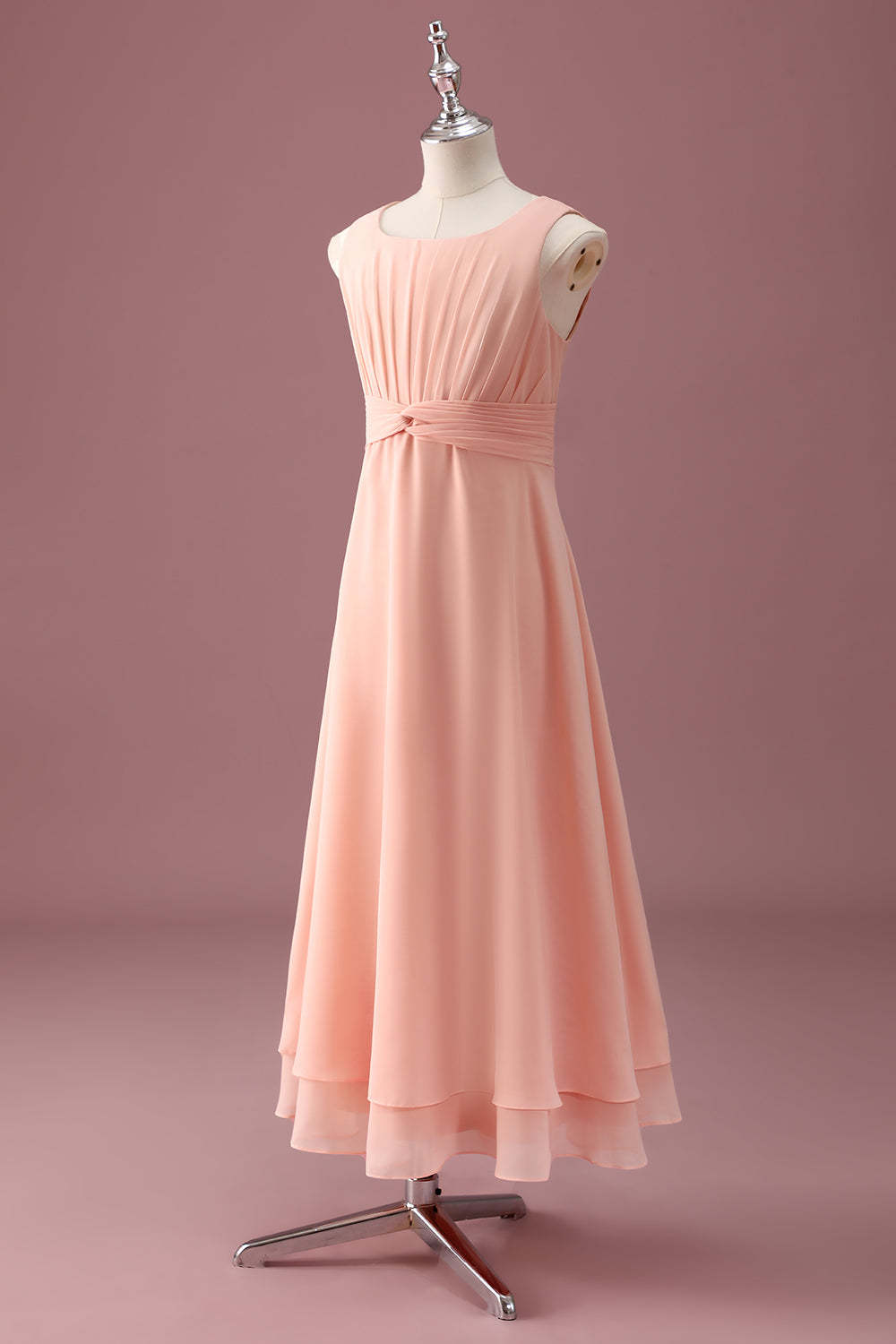 Peach Scoop Neck Pleated Chiffon A Line Junior Bridesmaid Dress