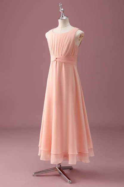 Peach Scoop Neck Pleated Chiffon A Line Junior Bridesmaid Dress
