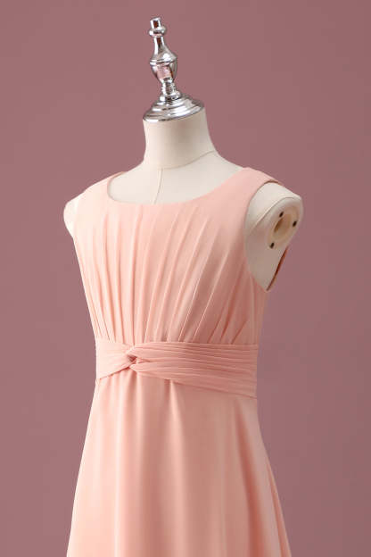 Peach Scoop Neck Pleated Chiffon A Line Junior Bridesmaid Dress