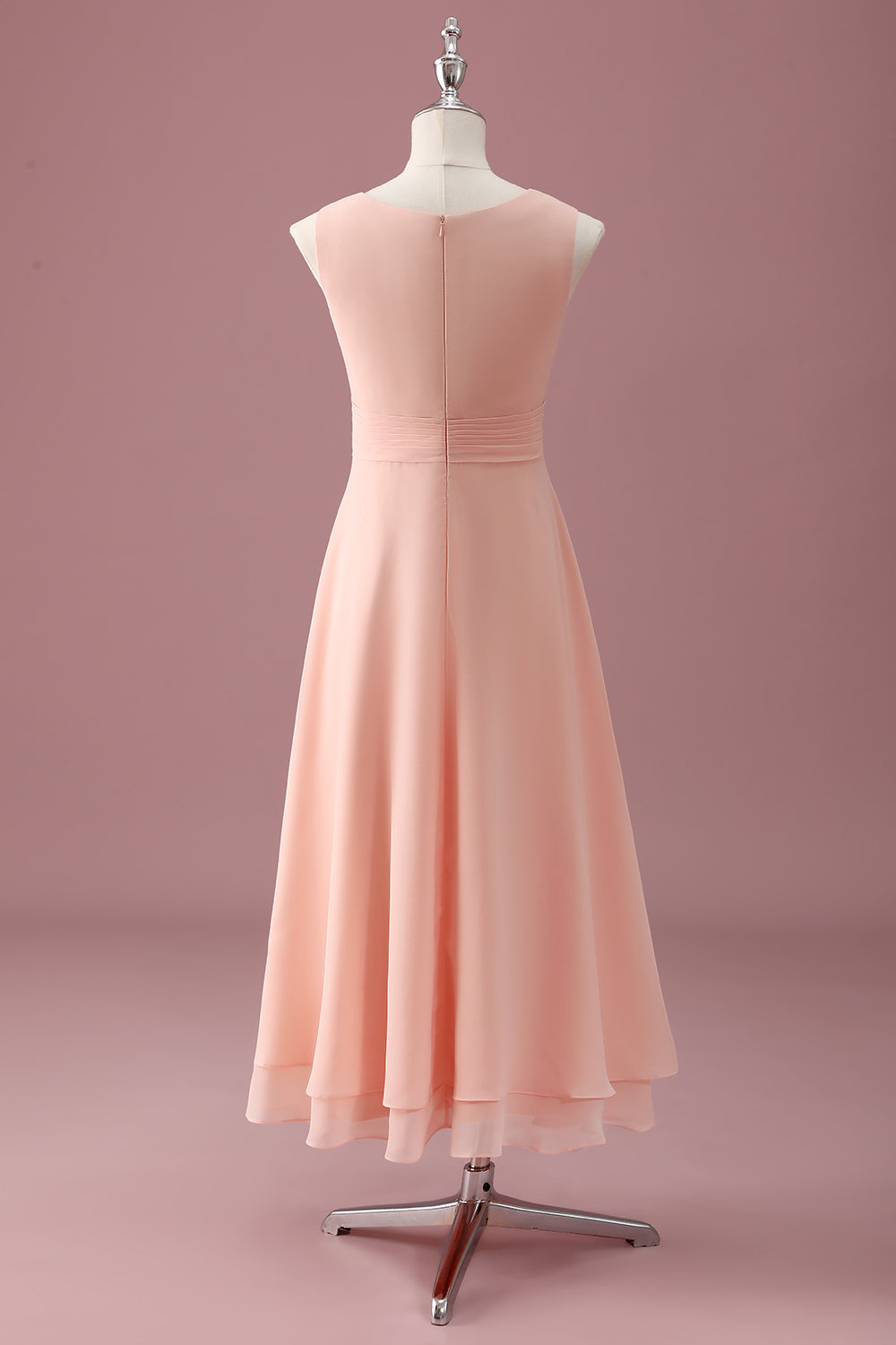 Peach Scoop Neck Pleated Chiffon A Line Junior Bridesmaid Dress