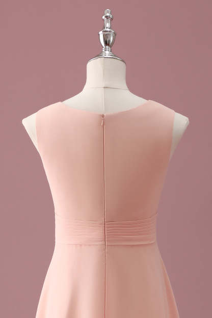 Peach Scoop Neck Pleated Chiffon A Line Junior Bridesmaid Dress