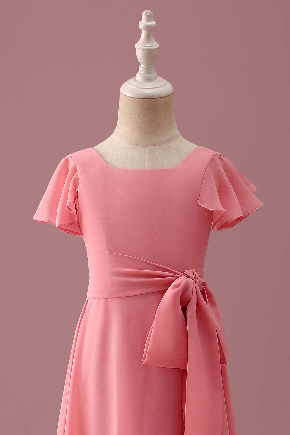 Coral Chiffon A Line Junior Bridesmaid Dress with Bowknot