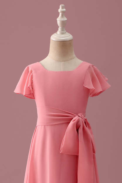 Coral Chiffon A Line Junior Bridesmaid Dress with Bowknot
