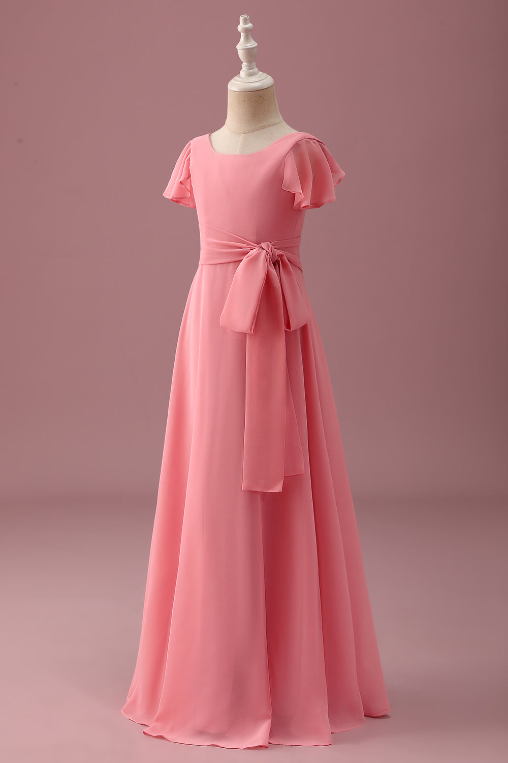Coral Chiffon A Line Junior Bridesmaid Dress with Bowknot