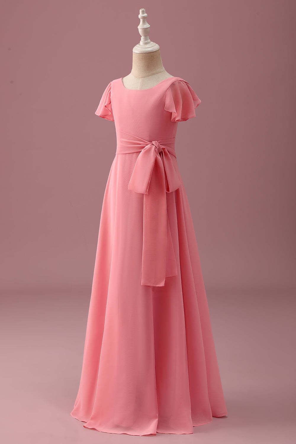 Coral Chiffon A Line Junior Bridesmaid Dress with Bowknot