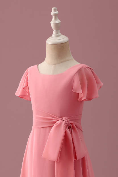 Coral Chiffon A Line Junior Bridesmaid Dress with Bowknot