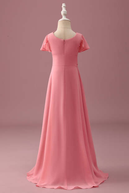 Coral Chiffon A Line Junior Bridesmaid Dress with Bowknot