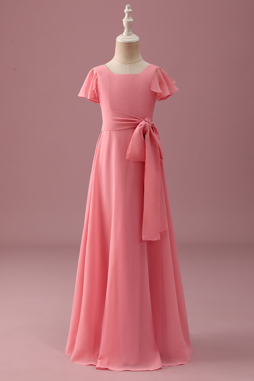 Leely Women Coral Junior Bridesmaid Dress with Bow Chiffon Short Sleeves A Line Long Wedding Guest Dress