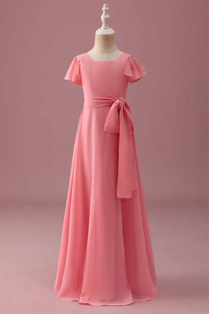 Leely Women Coral Junior Bridesmaid Dress with Bow Chiffon Short Sleeves A Line Long Wedding Guest Dress