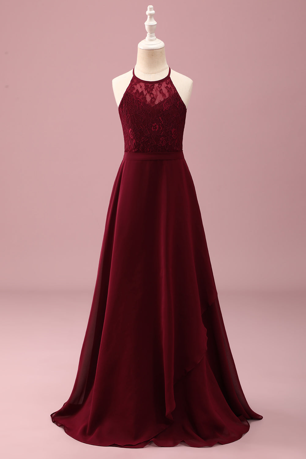 Leely Women Burgundy Junior Bridesmaid Dress Halter Lace A Line Chiffon Long Flower Girl Dress