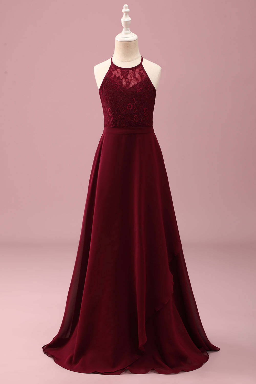 Leely Women Burgundy Junior Bridesmaid Dress Halter Lace A Line Chiffon Long Flower Girl Dress