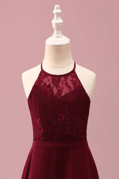 Burgundy Halter Lace A Line Chiffon Long Junior Bridesmaid Dress