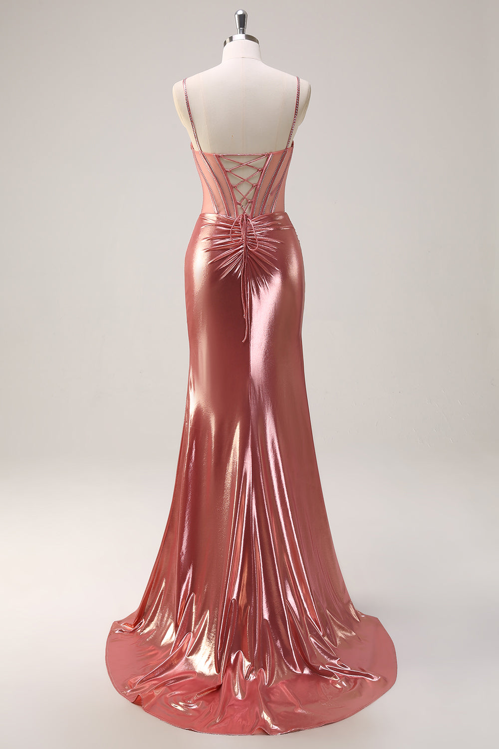 Blush Spaghetti Straps Mermaid Metallic Corset Prom Dress with High Slit