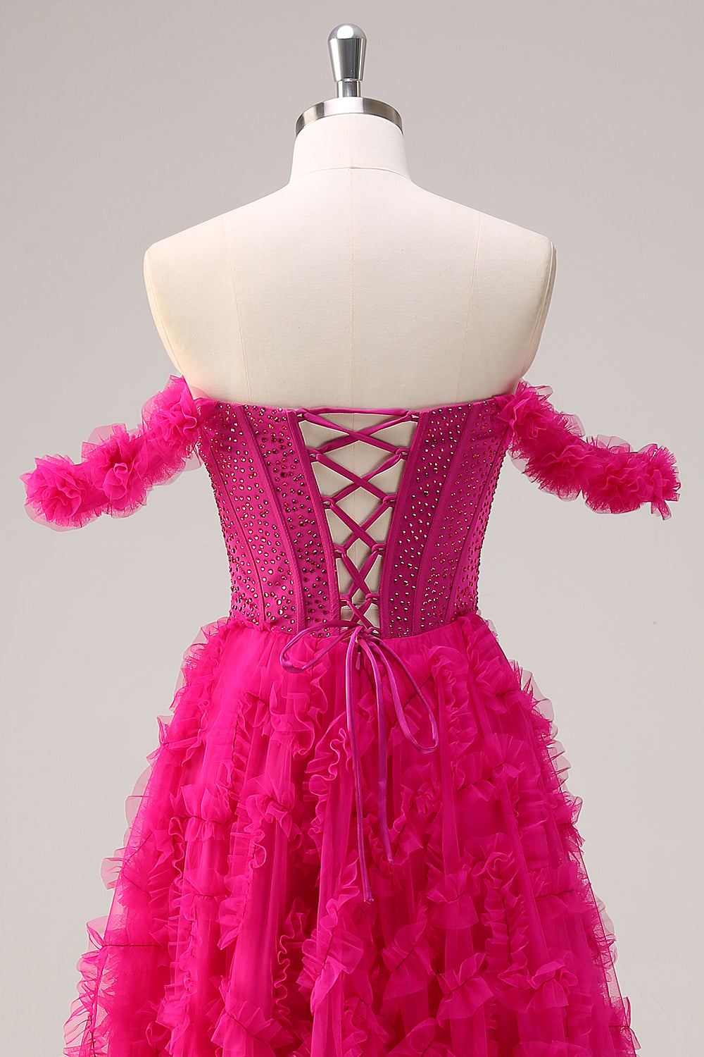 Fuchsia A-Line Tiered Off the Shoulder Corset Prom Dress with Beading