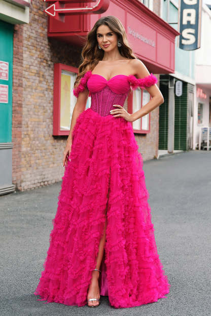 Leely Women Fuchsia Prom Dress with Beading A-Line Tiered Off the Shoulder Long Corset Formal Dress