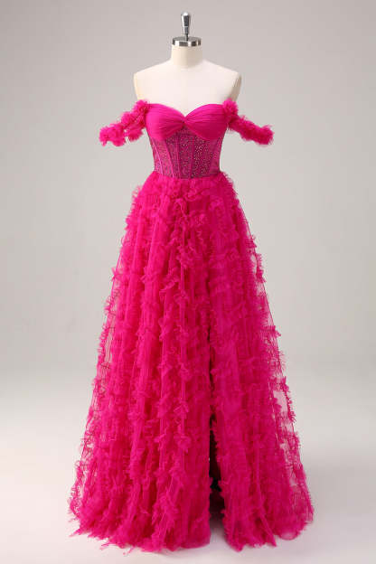 Fuchsia A-Line Ruffle Off the Shoulder Corset Prom Dress with Slit