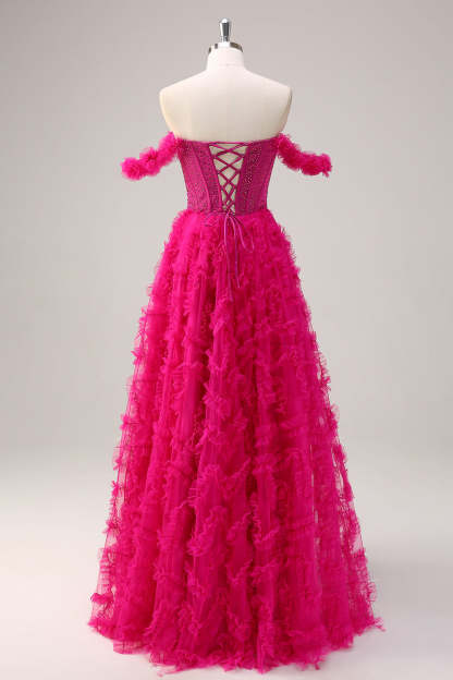 Fuchsia A-Line Ruffle Off the Shoulder Corset Prom Dress with Slit