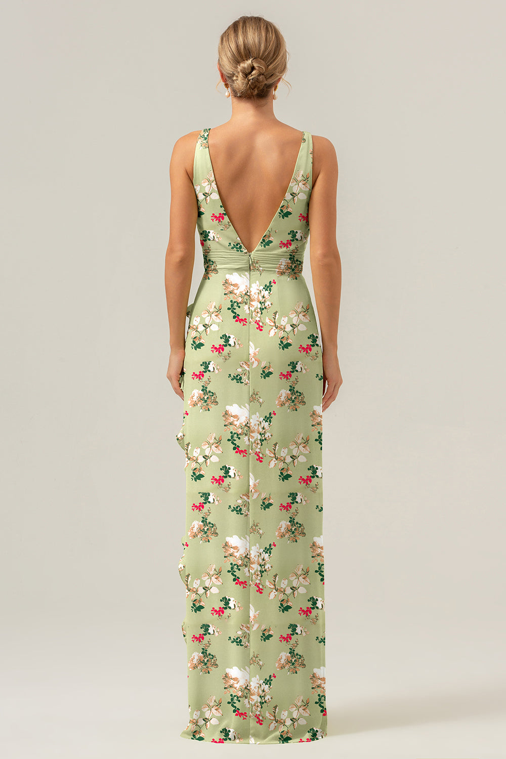 Green Large Floral Sheath Ruffled Bridesmaid Dress with Slit