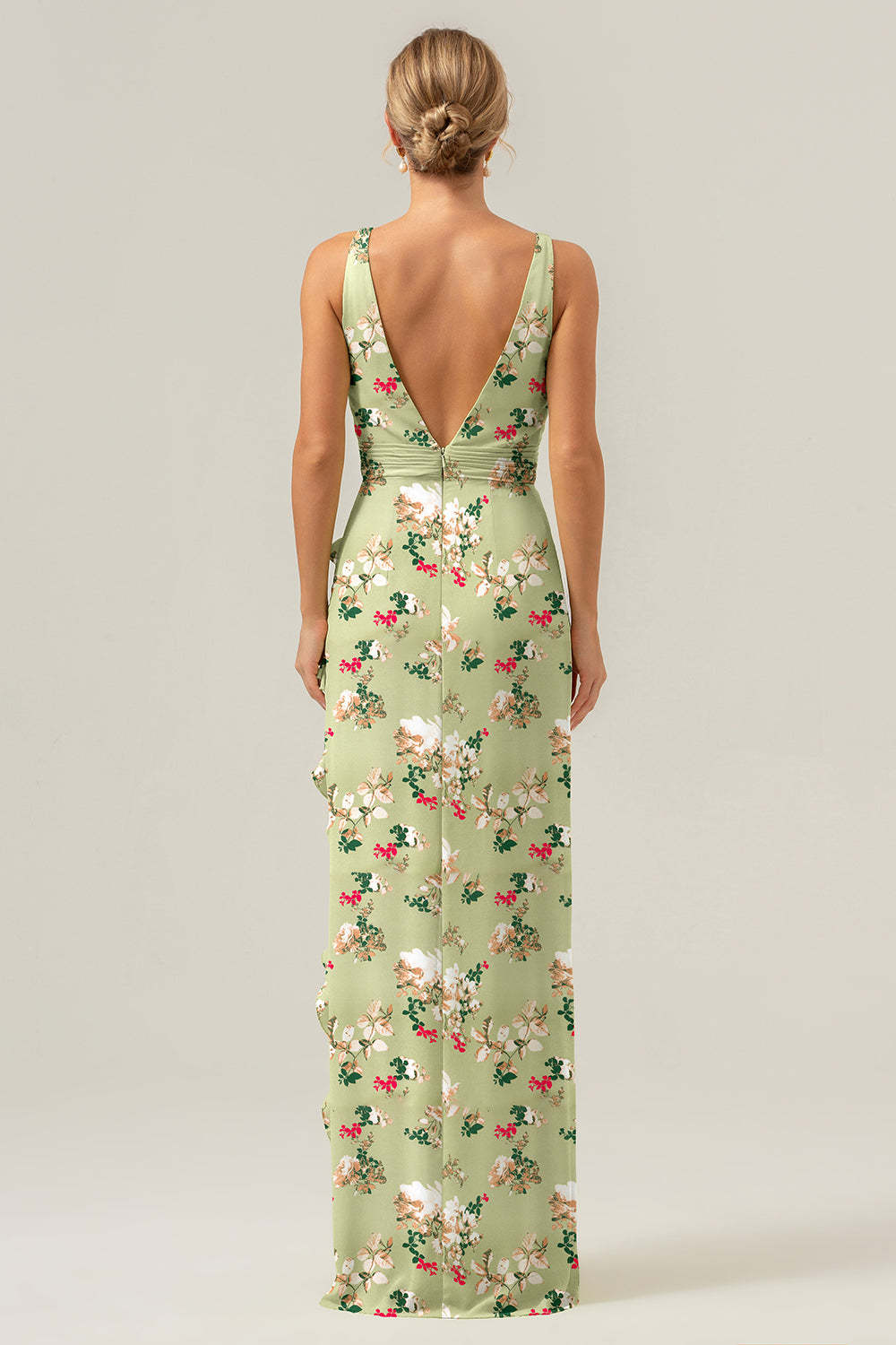 Green Large Floral Sheath Ruffled Bridesmaid Dress with Slit
