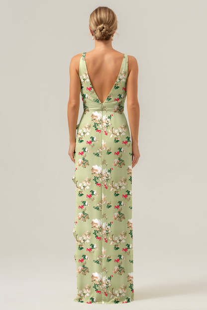 Green Large Floral Sheath Ruffled Bridesmaid Dress with Slit