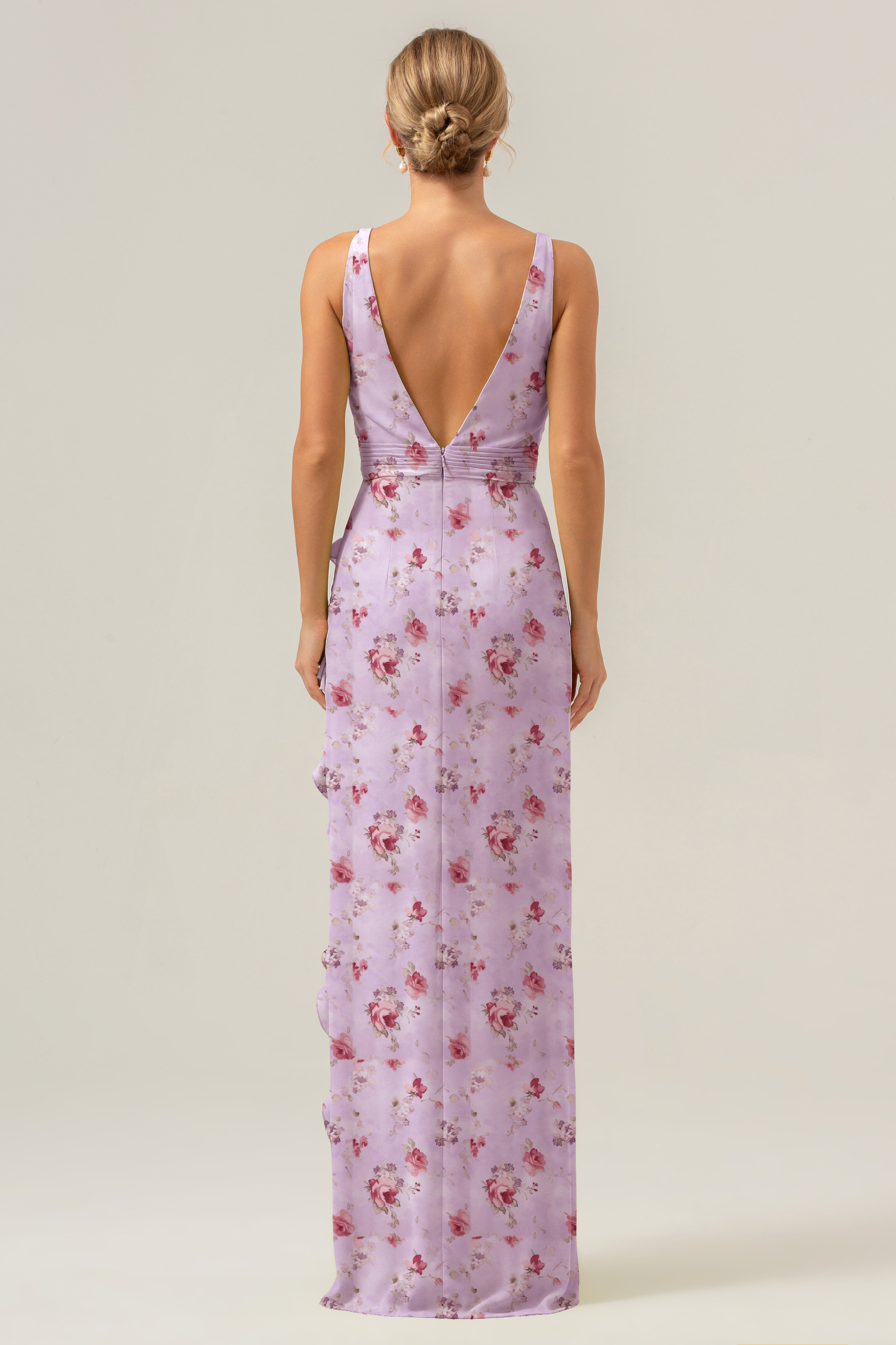 Lavender Flower V-Neck Sheath Ruffled Bridesmaid Dress with Slit